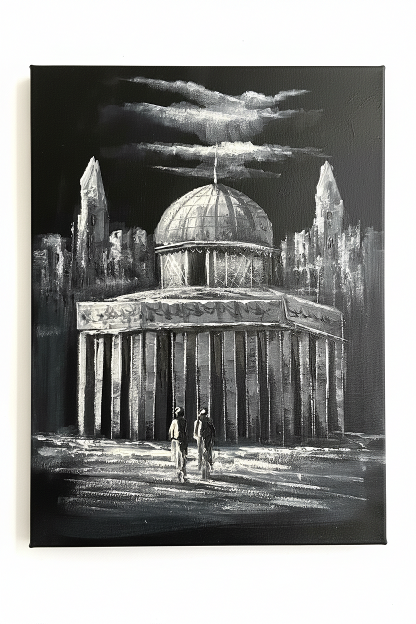 The Grand Dome black and white oil painting isolated on pure white background — clean studio product shot, no frame, portrait canvas