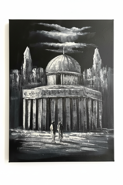 The Grand Dome black and white oil painting isolated on pure white background — clean studio product shot, no frame, portrait canvas