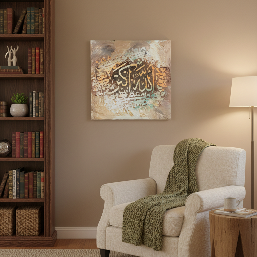 Allahu Akbar pearl white sage square canvas art displayed in a cozy living room corner, no frame