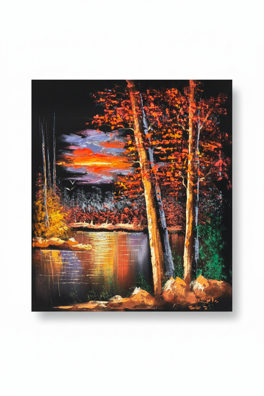 Fiery autumn sunset lakeside canvas art on white background with drop shadow – 20x24 inches product shot