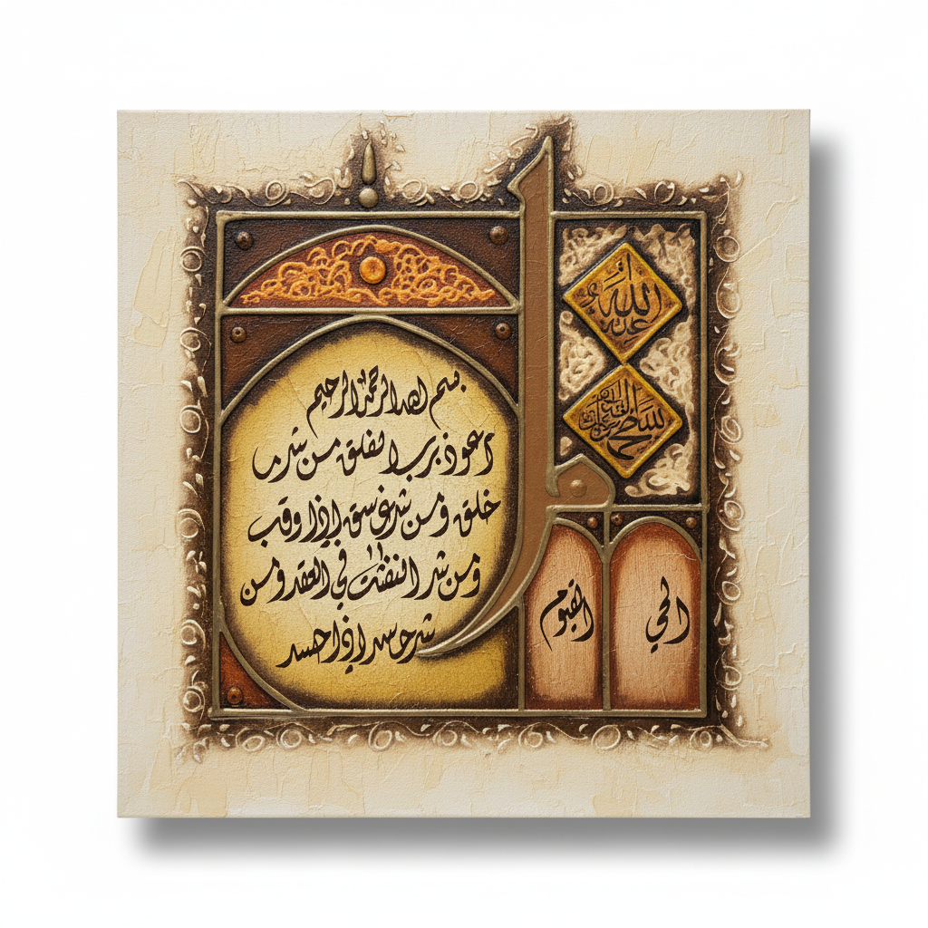 Surah Al-Falaq canvas wall art on white background with shadow
