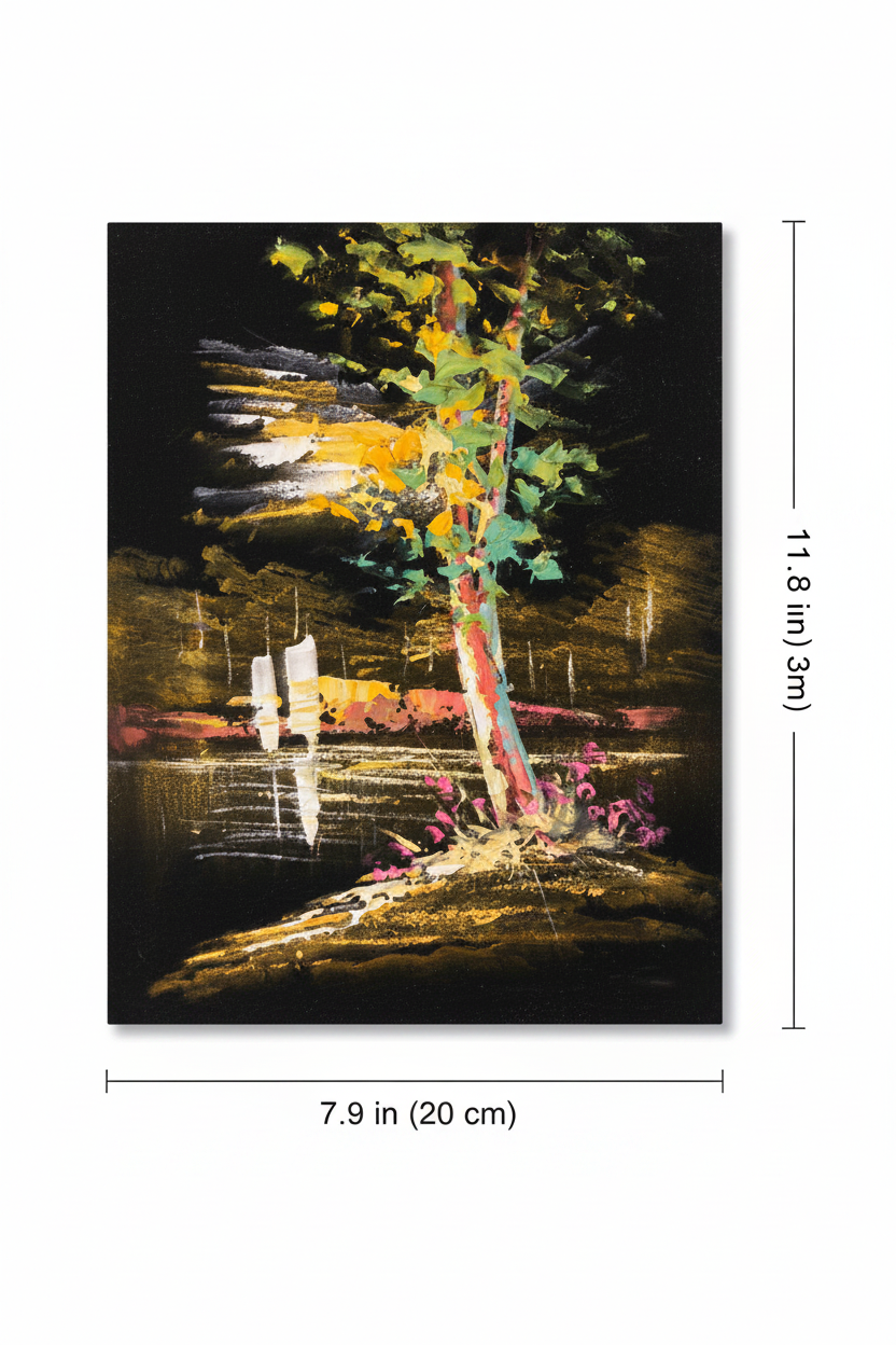 Glowing night riverside tree canvas art with dimensions 7.9 inches wide x 11.8 inches tall 20cm x 30cm