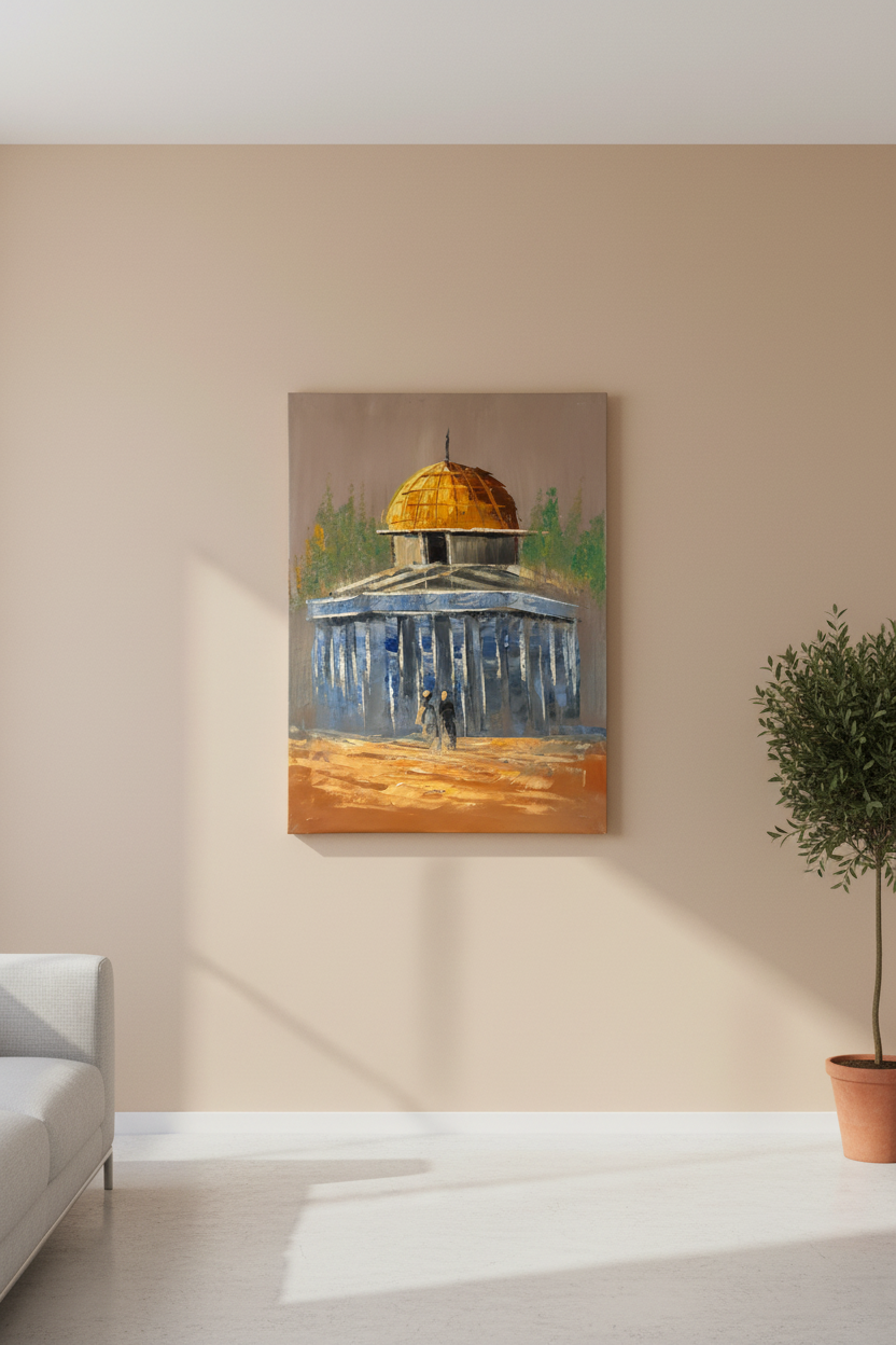 Dome of the Rock oil painting hung on empty wall – frameless display