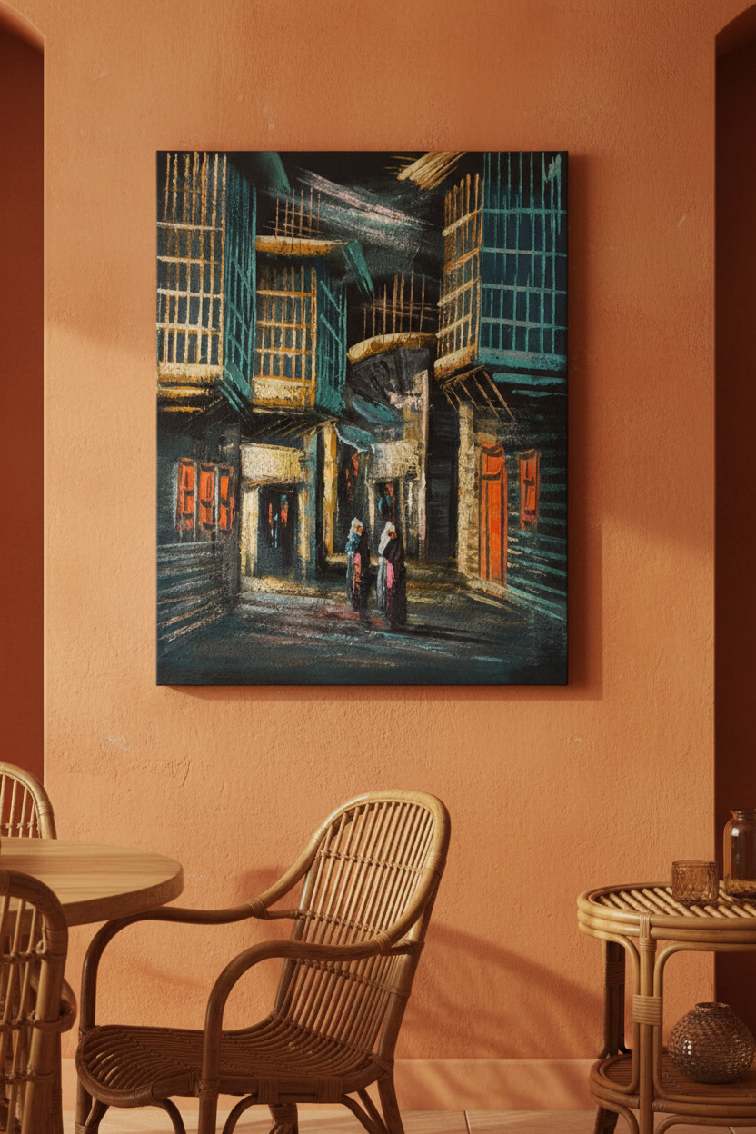 Teal & Gold Alleyway at Night oil painting on aged terracotta orange wall in bohemian eclectic dining room — no frame, warm golden lifestyle art photography