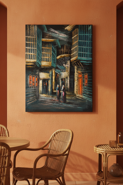 Teal & Gold Alleyway at Night oil painting on aged terracotta orange wall in bohemian eclectic dining room — no frame, warm golden lifestyle art photography