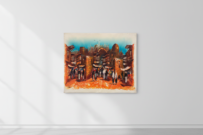 Ancient city gate bazaar oil painting hung on clean empty white gallery wall, no frame, soft spotlight shadow