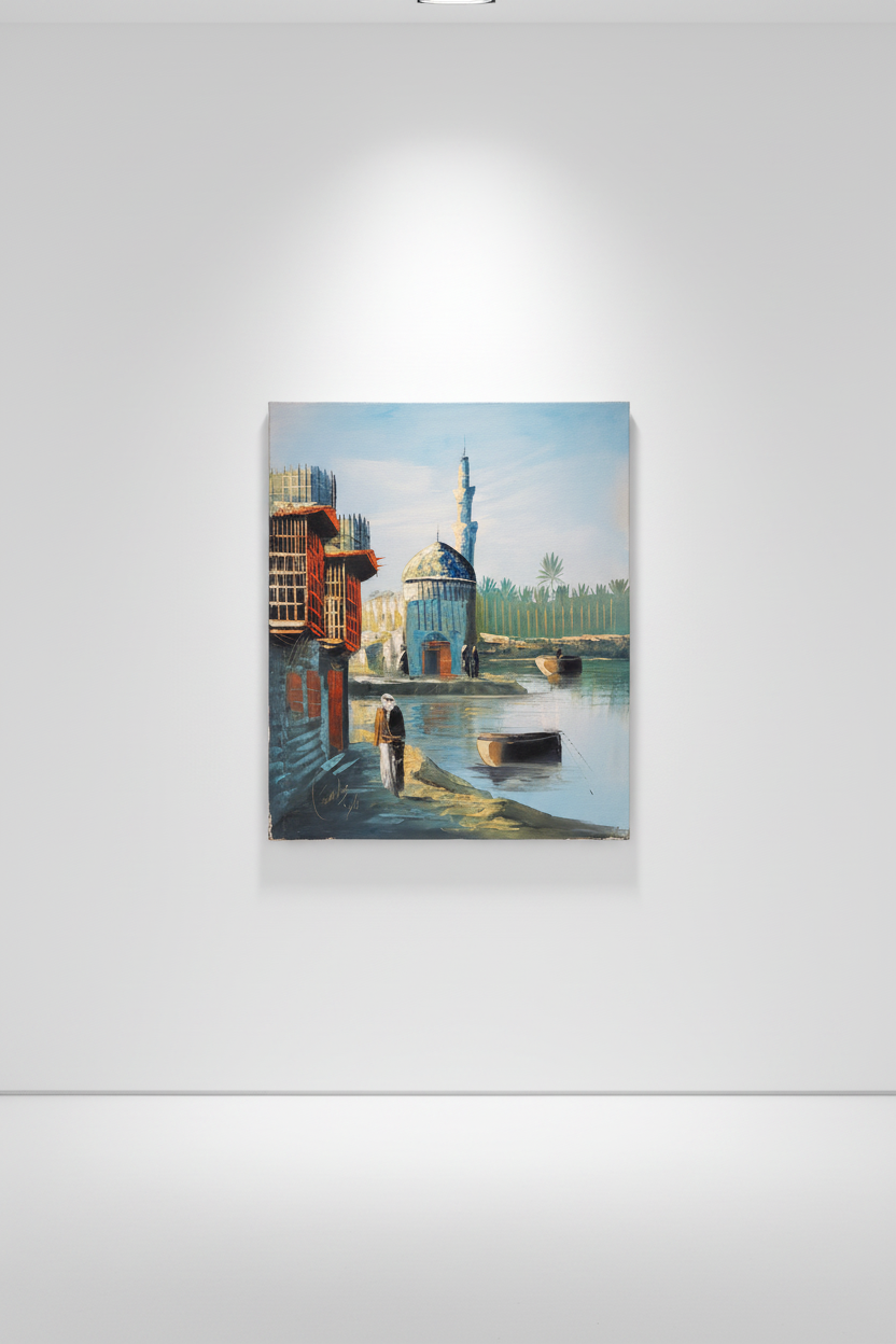 Riverside mosque oil painting hung on clean empty white gallery wall, no frame, soft directional spotlight shadow
