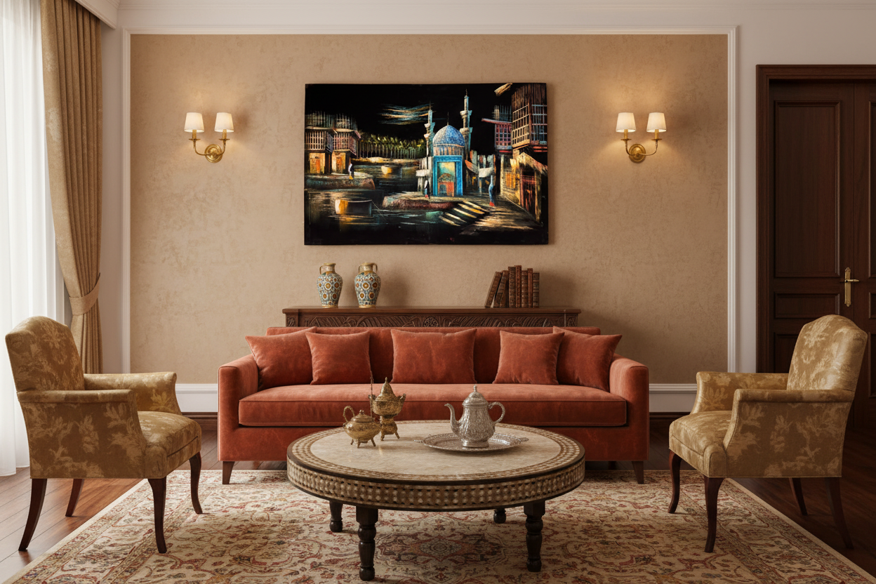 Iraqi old city mosque canvas art in sophisticated dining or sitting area — lifestyle interior mockup