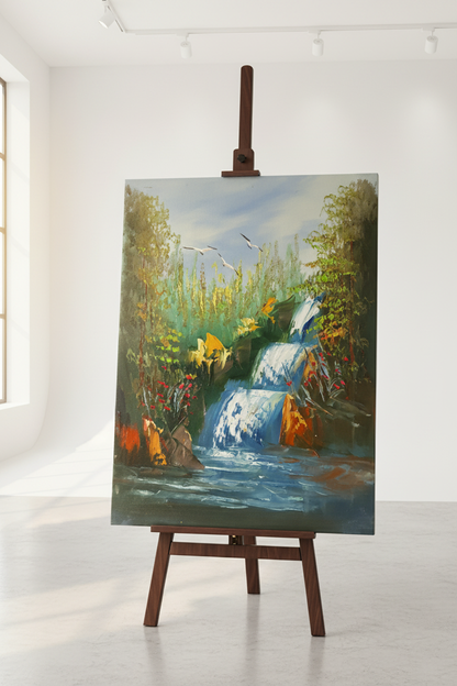 Waterfall painting displayed on wooden easel stand in minimalist studio
