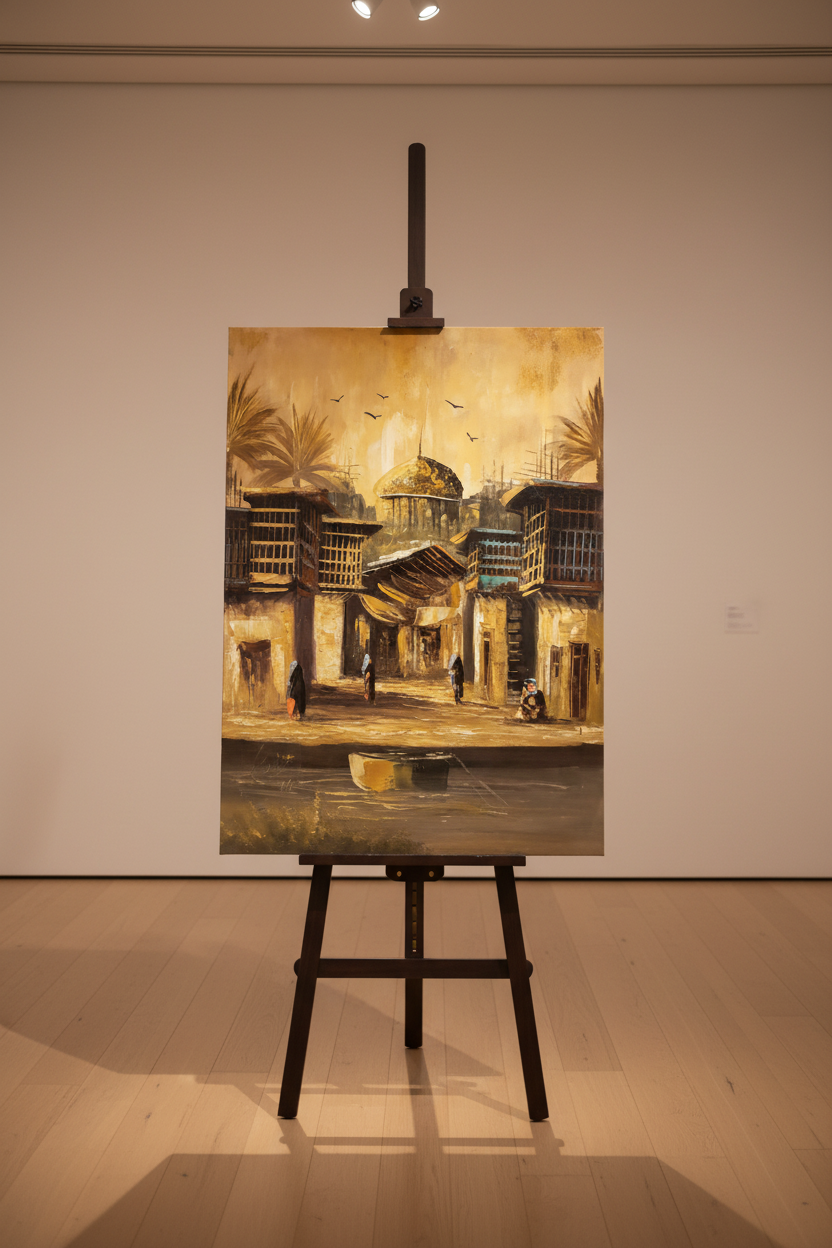 Original oil painting displayed upright on a wooden art easel stand in a gallery studio, no frame