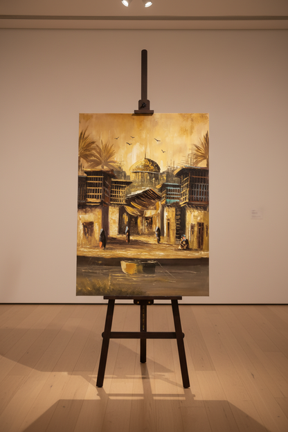 Original oil painting displayed upright on a wooden art easel stand in a gallery studio, no frame