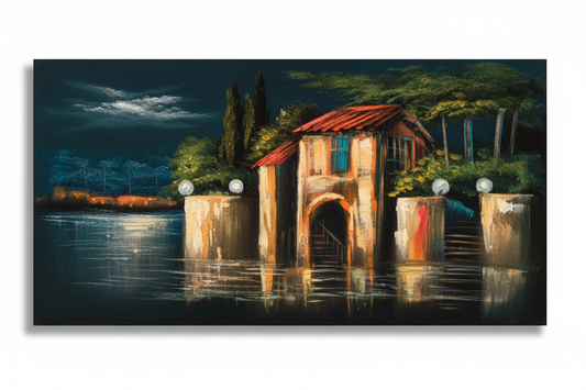 Waterfront Boathouse Villa at Night original oil painting on white background with natural shadow