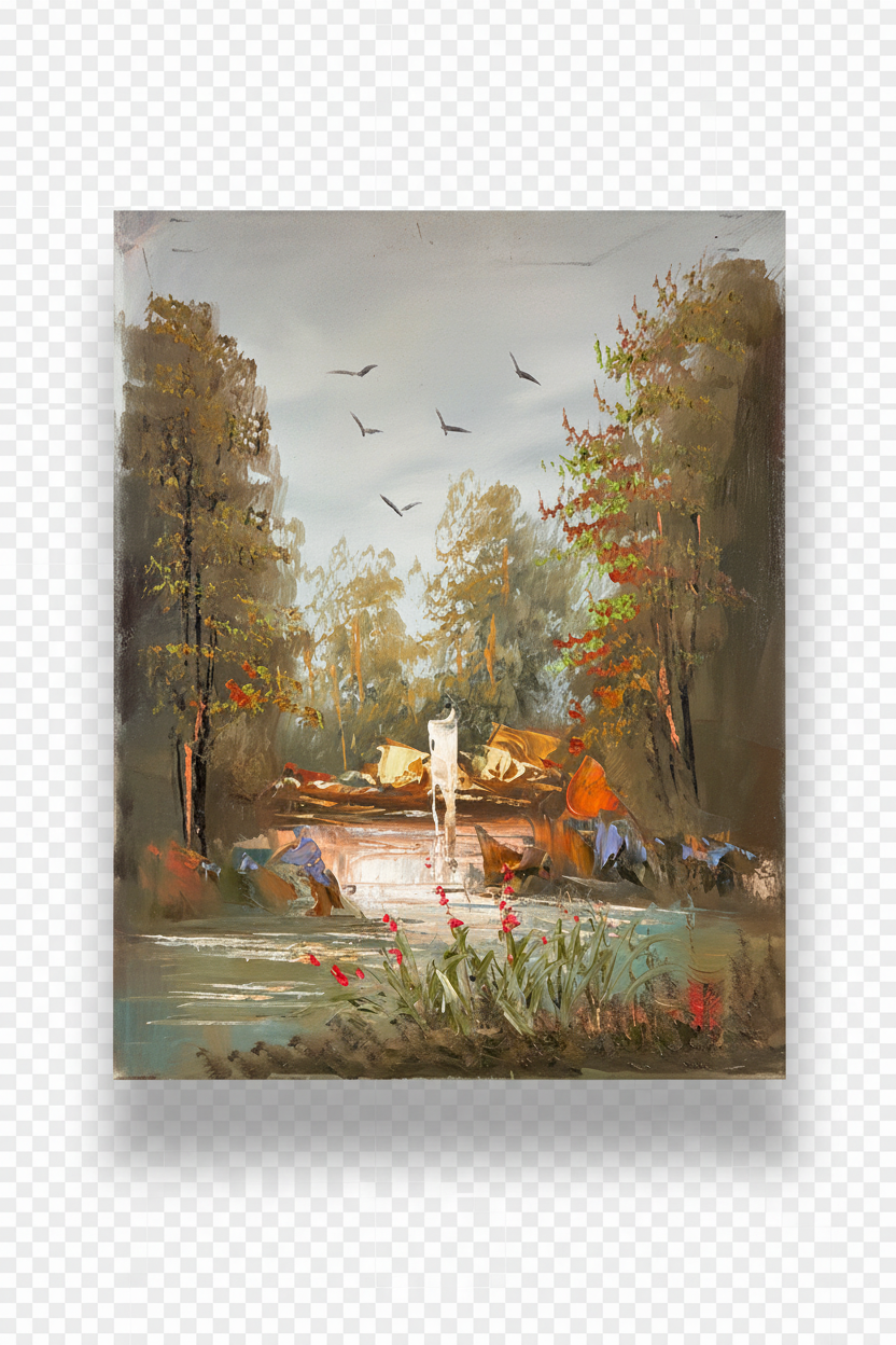 Forest woodland camp oil painting with transparent background and soft drop shadow – no frame