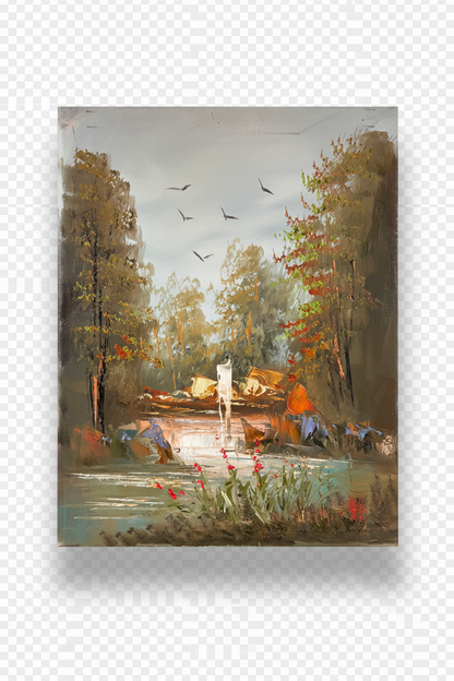 Forest woodland camp oil painting with transparent background and soft drop shadow – no frame