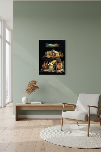 Marsh Village at Night oil painting on sage green wall in Scandinavian living room — no frame, minimalist lifestyle art photography
