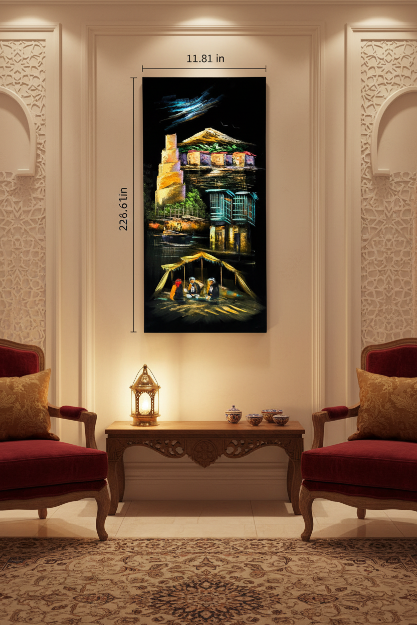 Original Iraqi heritage painting displayed unframed on an ivory wall in a Middle Eastern-inspired living room
