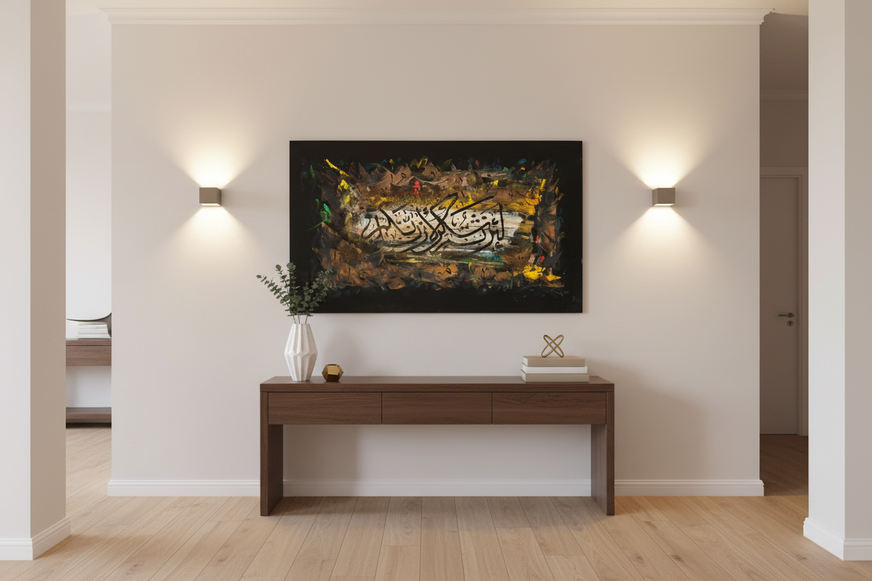 Islamic calligraphy abstract canvas wall art displayed in elegant hallway