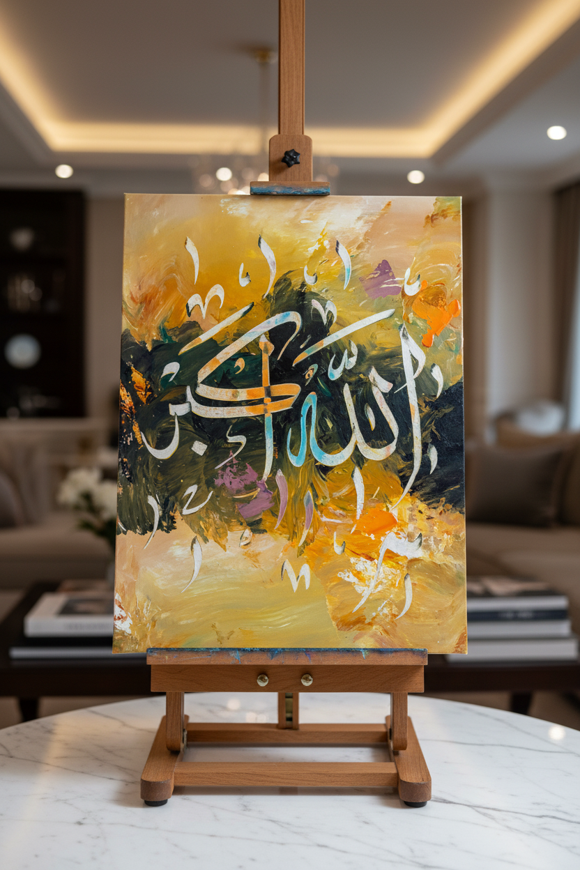 Allahu Akbar Arabic calligraphy canvas art on a wooden easel display stand, portrait orientation, no frame gallery wrap, luxury home decor