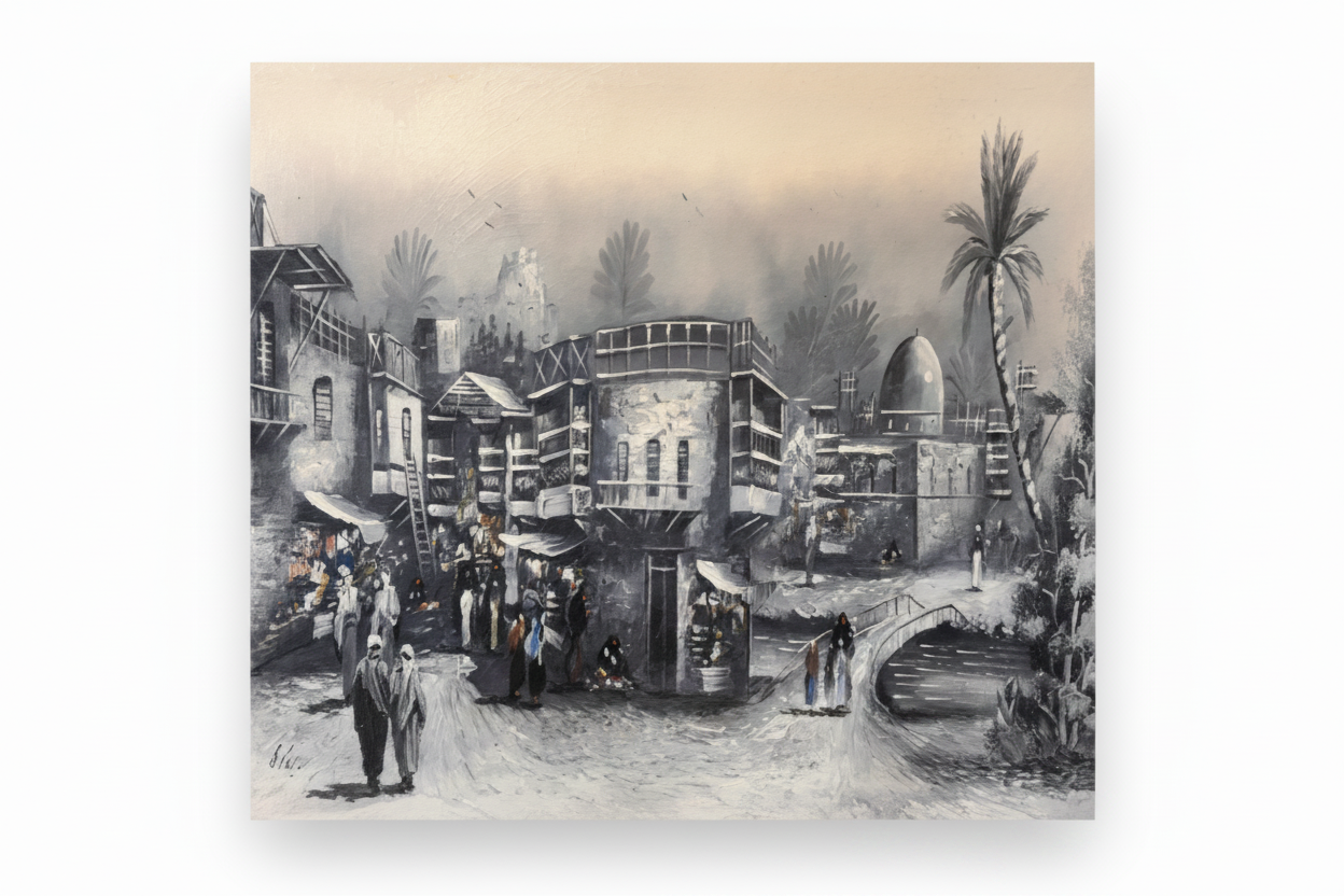 Monochrome Arabian old city street scene heritage canvas art on white background product photo