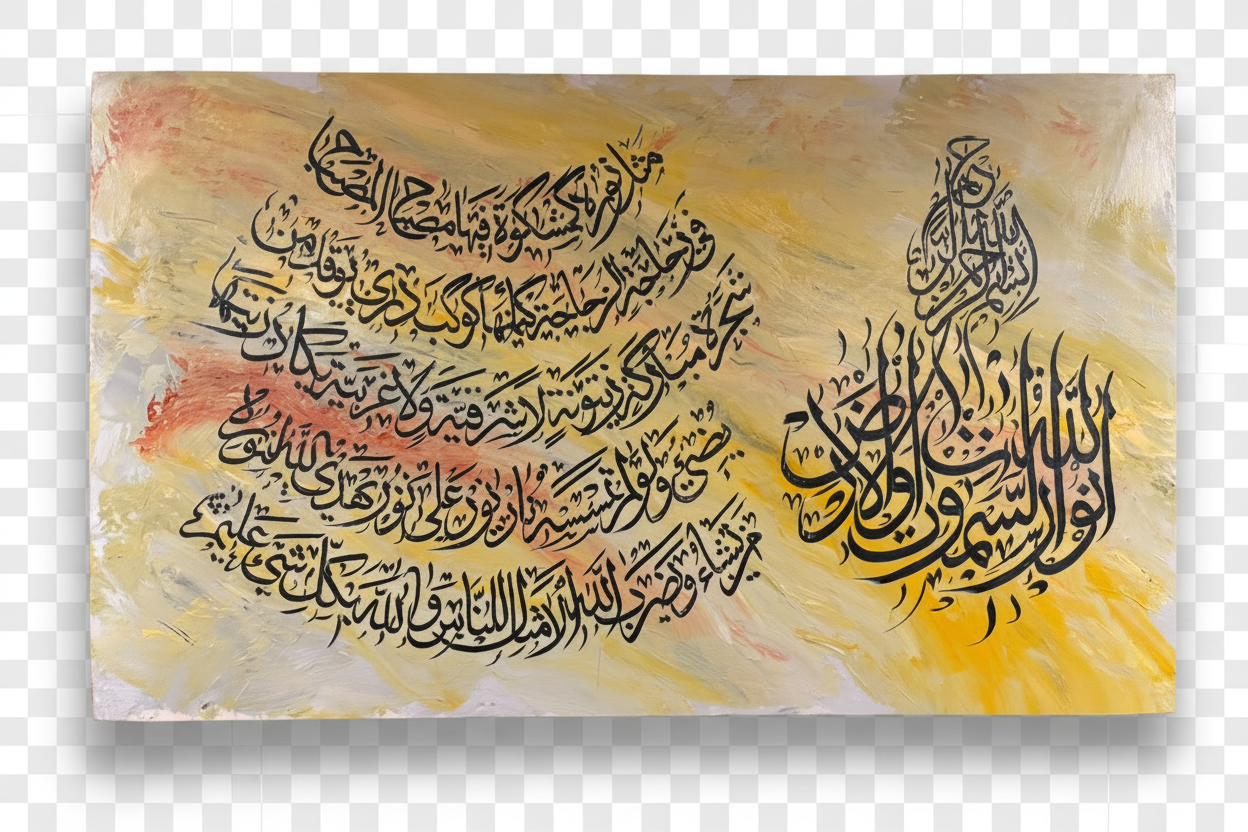 Ayat Al-Salawat calligraphy canvas isolated with drop shadow, no background