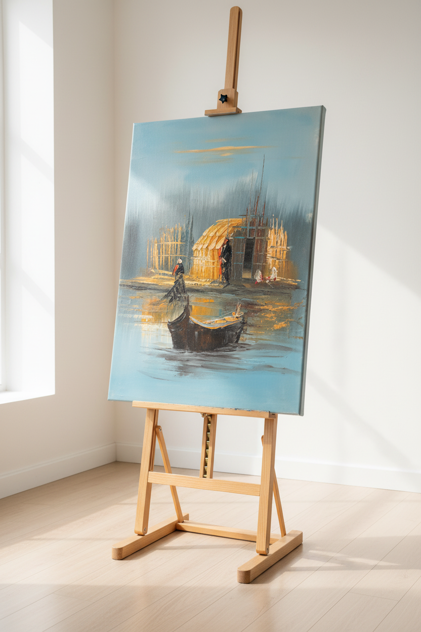 Oil painting displayed on wooden easel stand in minimalist studio setting
