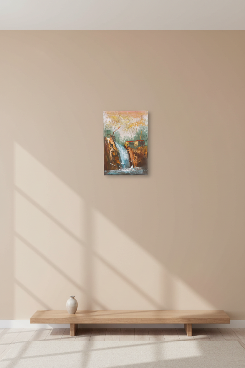Waterfall and golden trees oil painting hung on empty wall – frameless display
