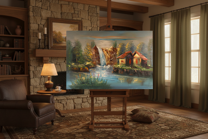 Original waterfall cabin oil painting on a wooden easel stand in a warm rustic earthy living room, unframed canvas at correct scale