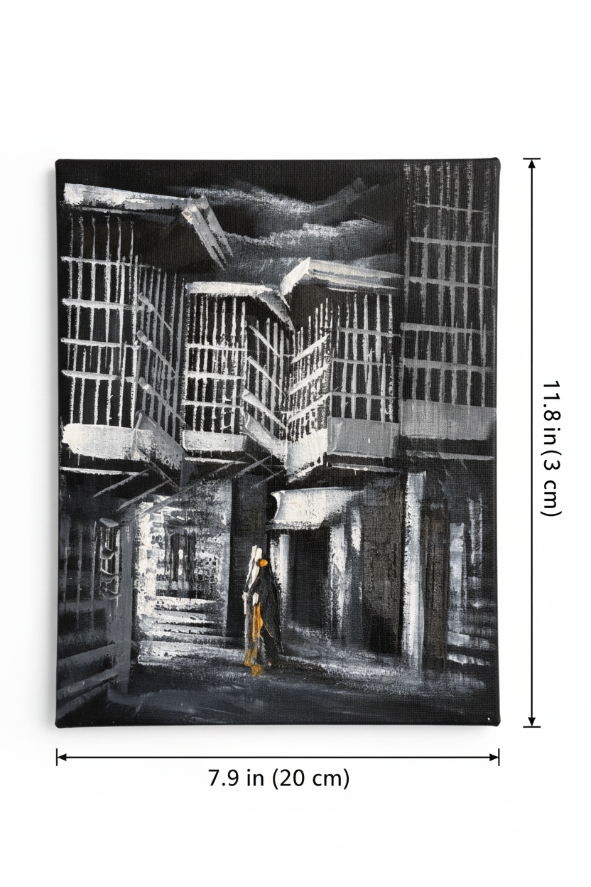 Noir silver mashrabiya alleyway canvas art with dimensions 7.9 inches wide x 11.8 inches tall 20cm x 30cm