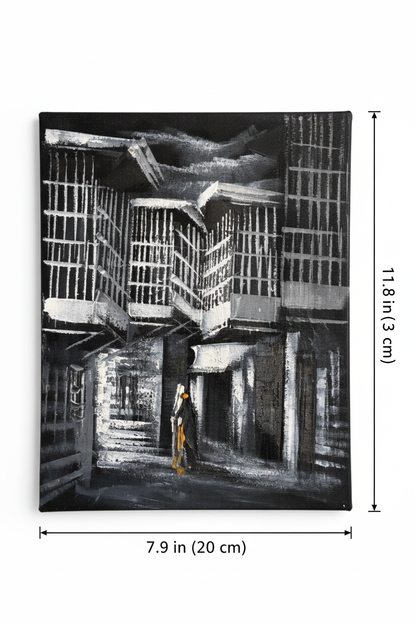 Noir silver mashrabiya alleyway canvas art with dimensions 7.9 inches wide x 11.8 inches tall 20cm x 30cm