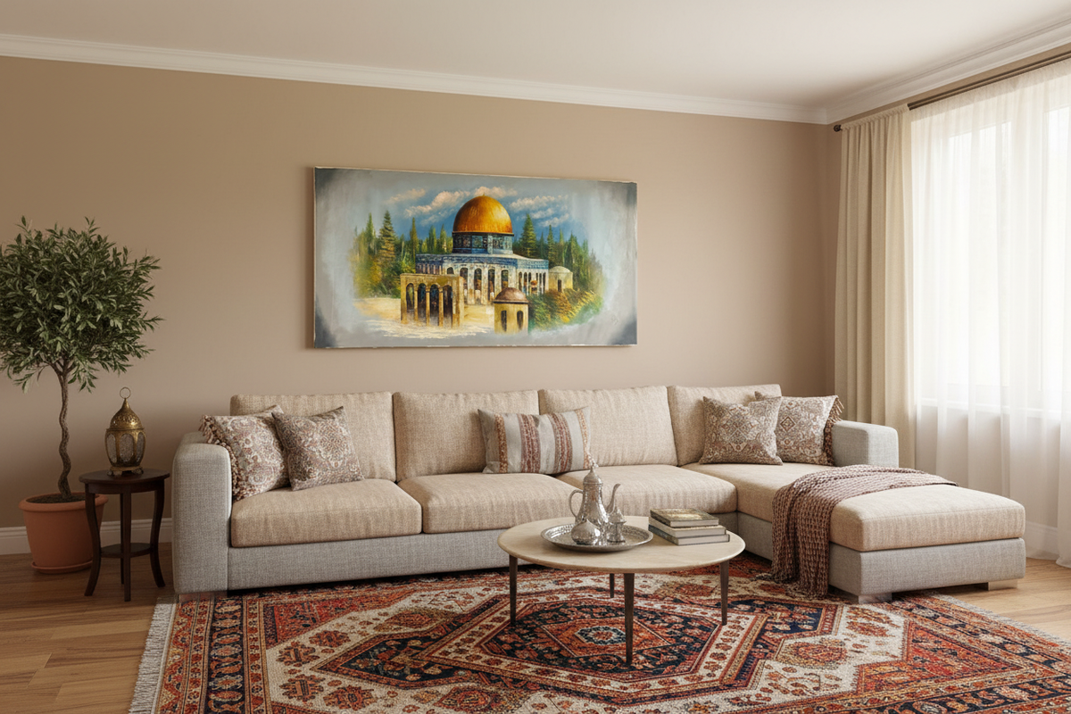 Al-Aqsa painting in family living room – lifestyle interior view