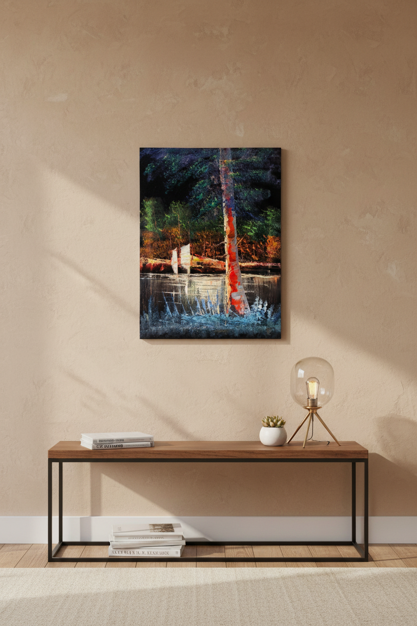 Forest River Birch Tree oil painting displayed on beige wall above console table — lifestyle interior