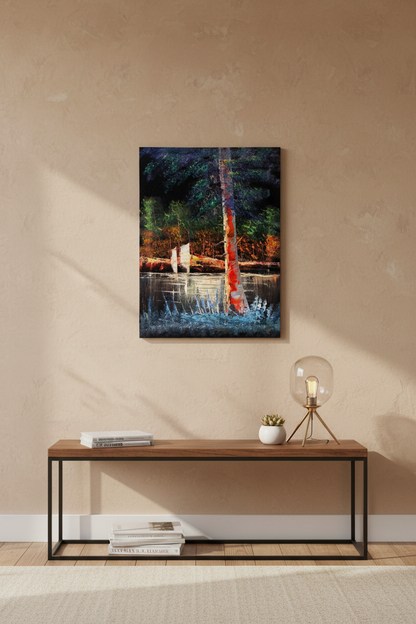 Forest River Birch Tree oil painting displayed on beige wall above console table — lifestyle interior