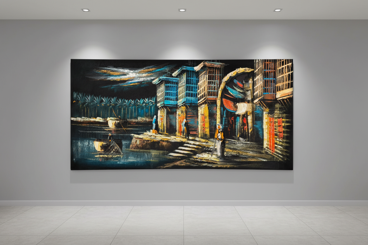 Iraqi Riverside painting displayed in modern hallway interior setting