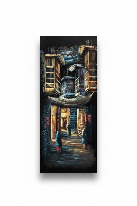 Original oil painting on white background with shadow – old city alley nocturnal scene