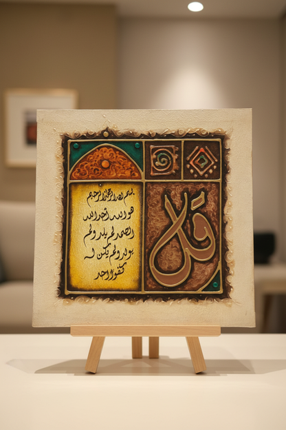 Surah Al-Ikhlas Qul four-panel canvas displayed on wooden art stand
