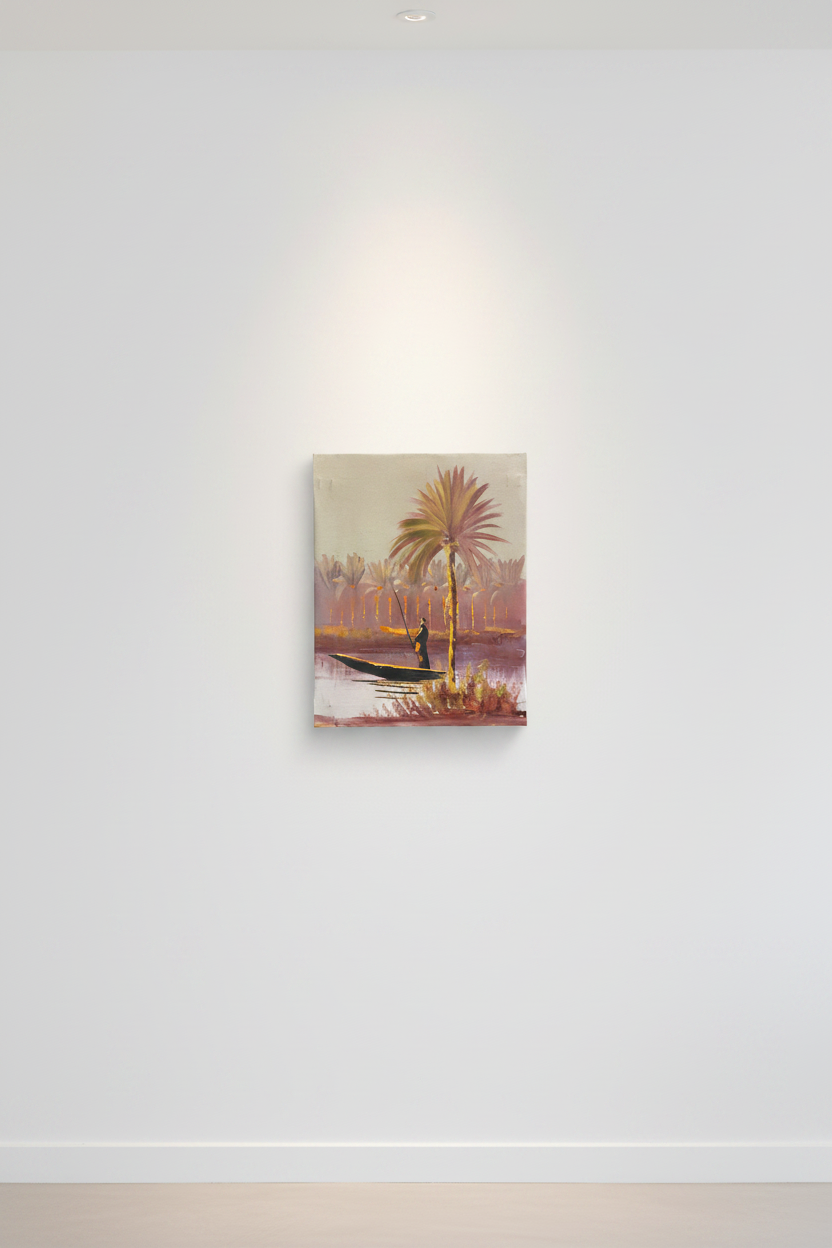 Original riverside palm and fisherman oil painting displayed unframed on clean empty white wall