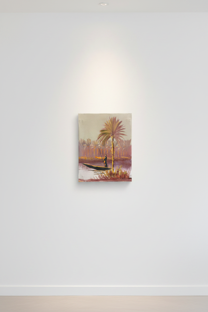 Original riverside palm and fisherman oil painting displayed unframed on clean empty white wall