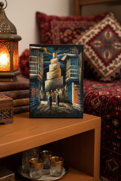 Arabian minaret alley night canvas art propped on wooden shelf in cozy Middle Eastern inspired study reading nook lifestyle photo