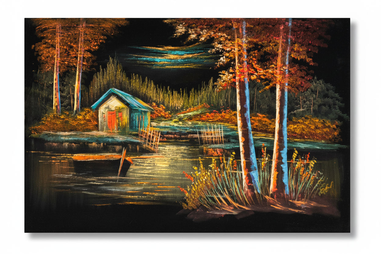 Teal boathouse night scene canvas art on white background with shadow — clean product view