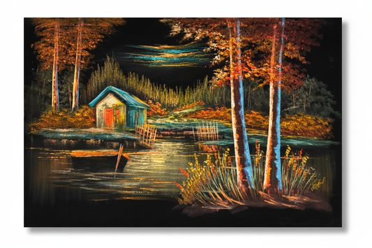 Teal boathouse night scene canvas art on white background with shadow — clean product view