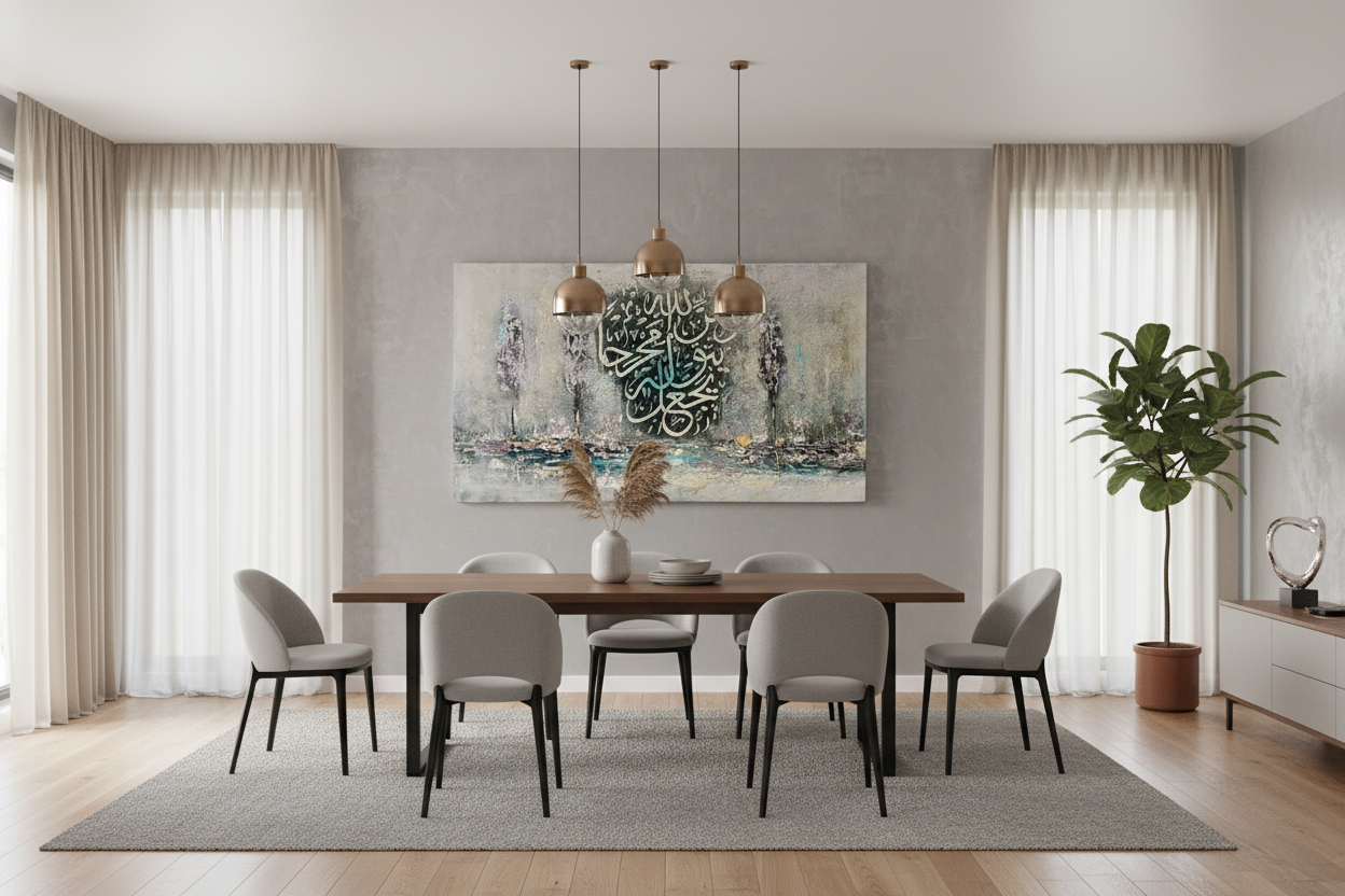 Wa Man Yatawakkal Alallah canvas displayed in open area dining room