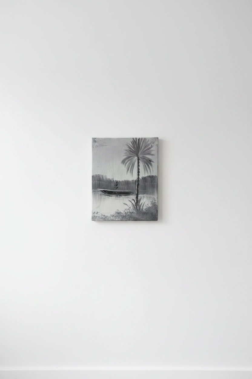 Original grey palm tree fisherman monochromatic oil painting displayed unframed on clean empty white wall