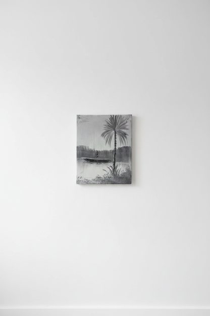 Original grey palm tree fisherman monochromatic oil painting displayed unframed on clean empty white wall