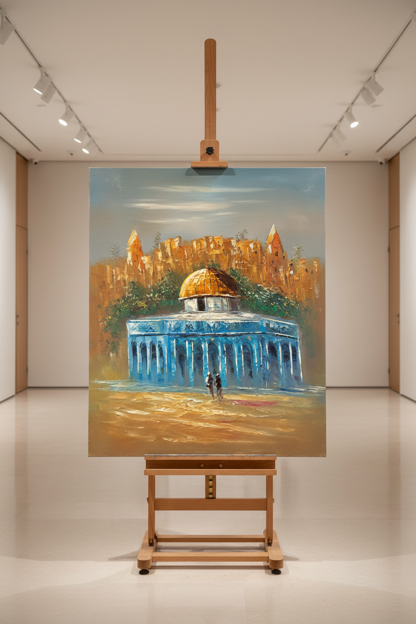 Al-Aqsa Mosque and Dome of the Rock oil painting displayed on a luxury wooden gallery easel stand