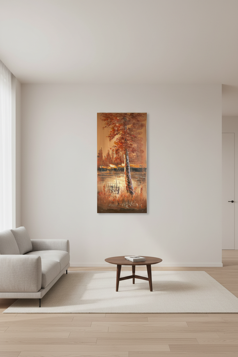 Autumn Solitude by the Lake oil painting on empty living room wall, no frame