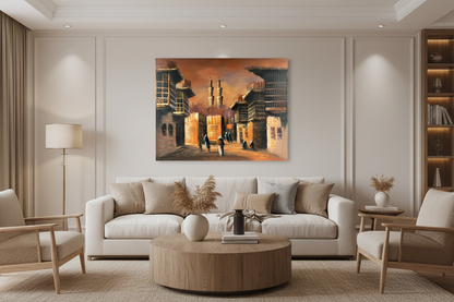 Original Middle Eastern street scene oil painting hanging in a luxury family room — frameless wall art, 39.37 x 31.50 inches
