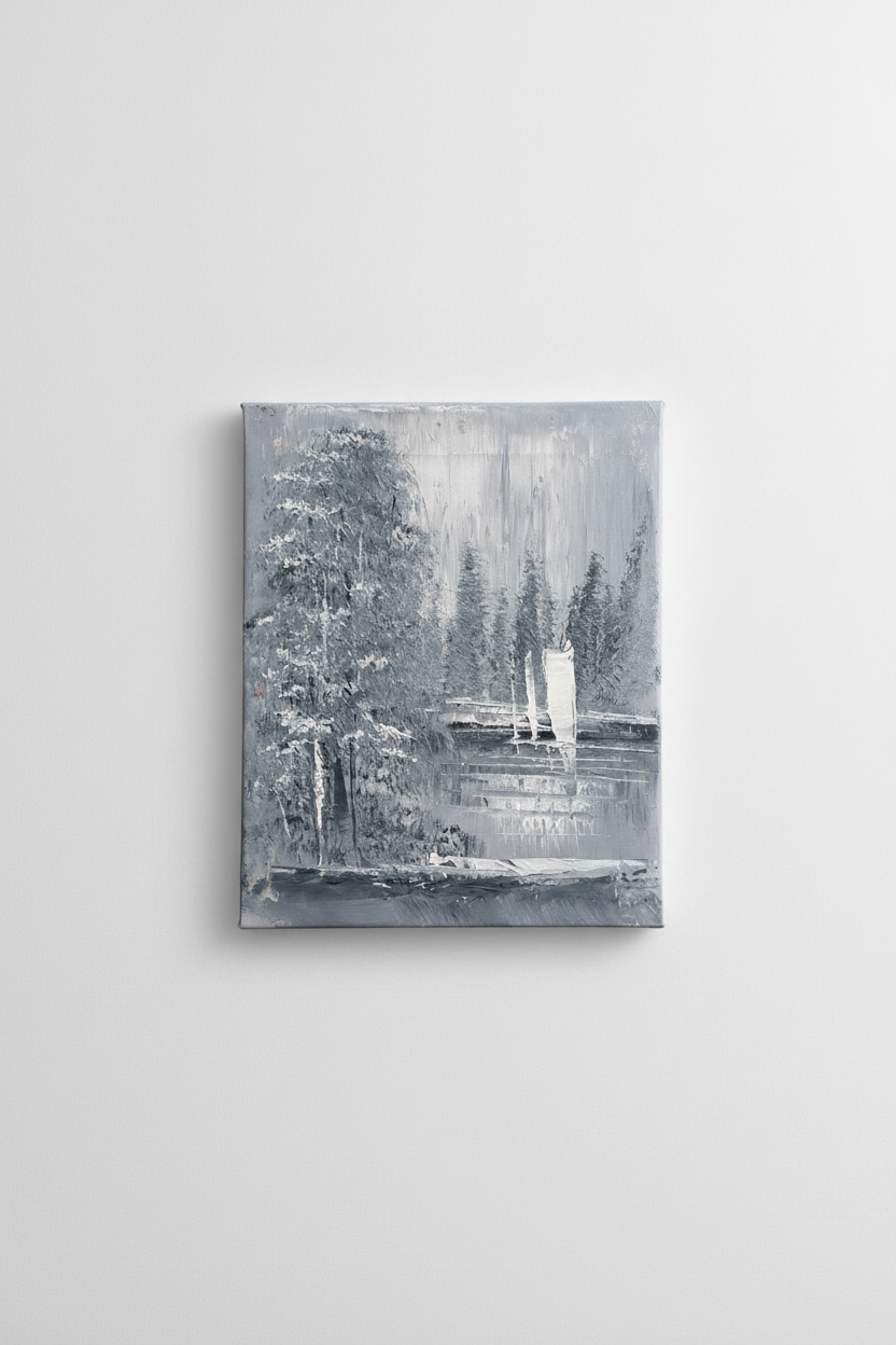 Original winter forest lake monochromatic impasto oil painting displayed unframed on clean empty white wall