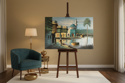Original Iraqi riverside mosque oil painting on a wooden easel stand in a warm teal and gold living room, unframed canvas at correct scale