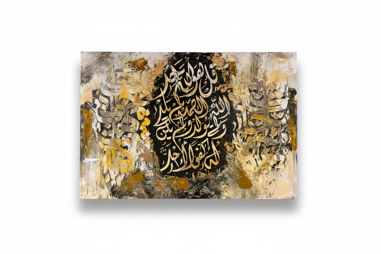 Surah Al-Ikhlas gold silver calligraphy canvas art on white background with shadow, no frame, product shot