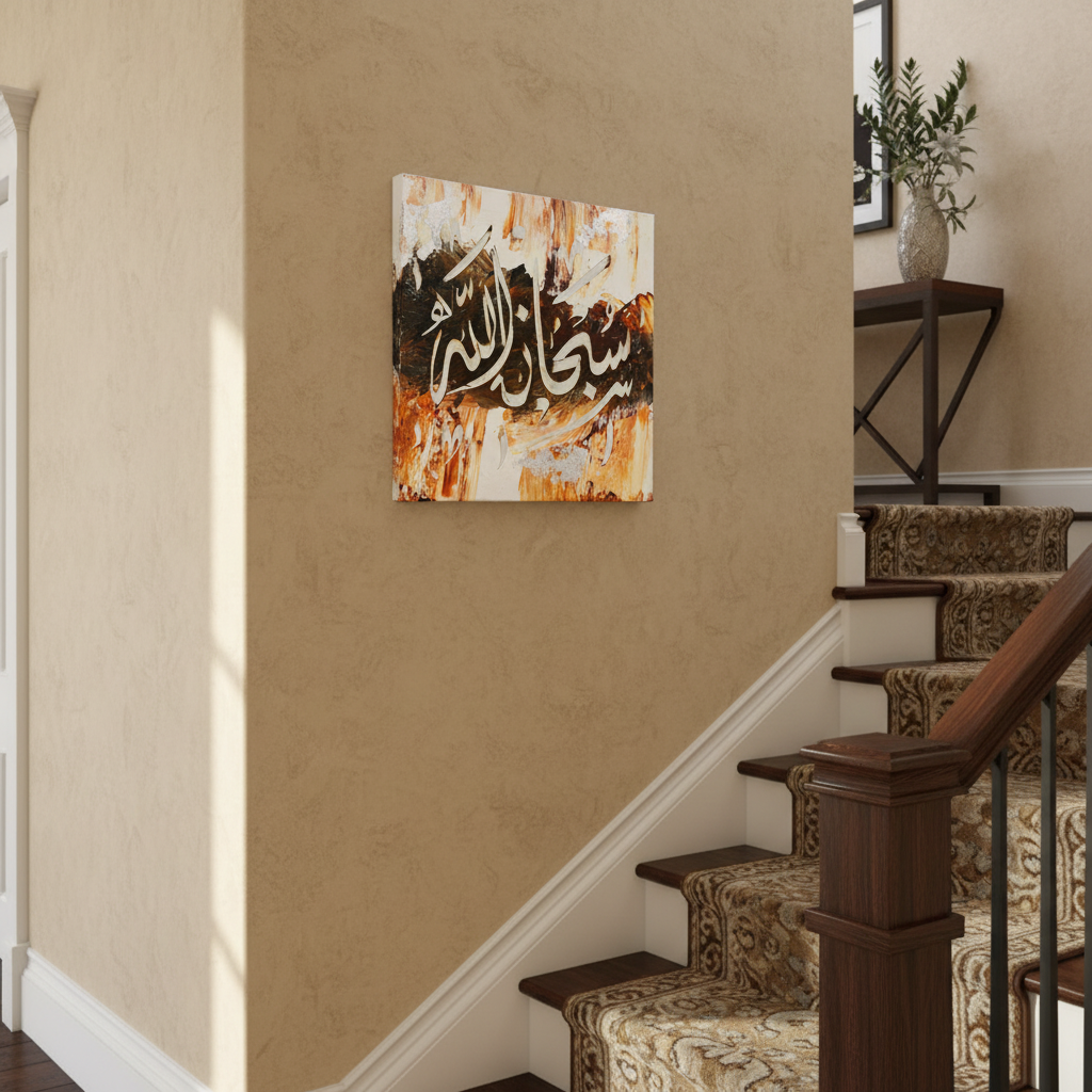 SubhanAllah burnt orange calligraphy canvas hung on a staircase wall at realistic scale